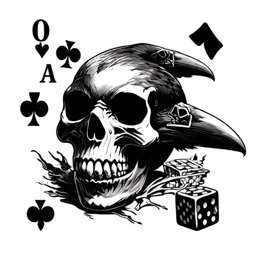 A Skull Wearing A Raven Mask Surrounded By Playing Cards And Dice
