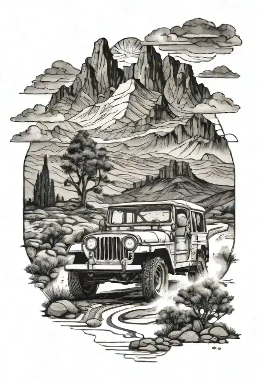 A Detailed Blackwork Tattoo Of A Vintage Jeep Driving Through A Rugged Texas Landscape