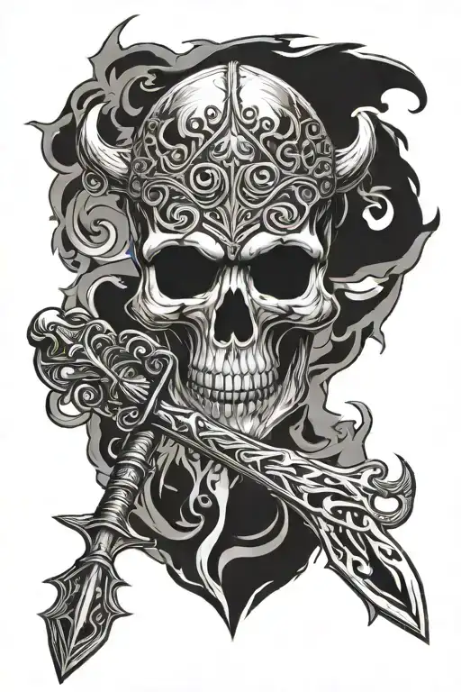 Skull And Spear In Front Of Nordic Rundestone