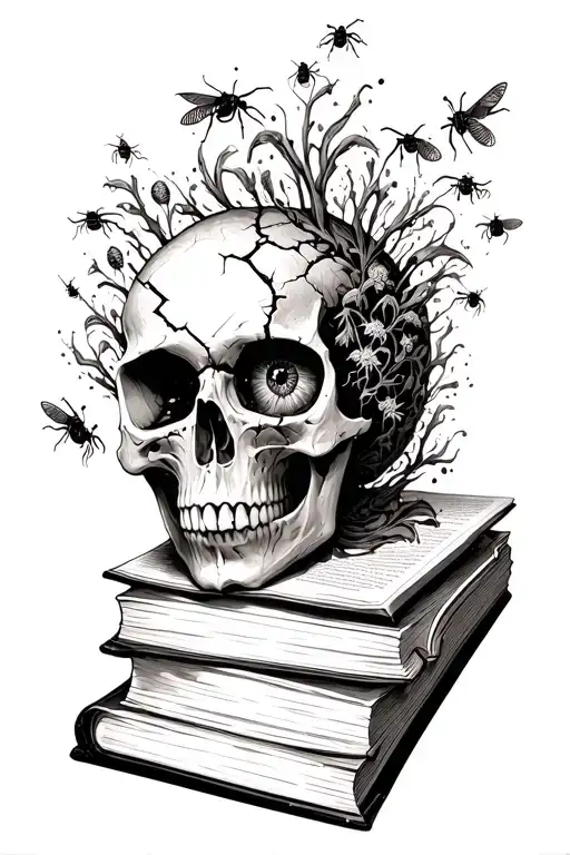 Cracked Skull On Top Of An Open Book With Bugs And Plants Coming Out Of The Eye Socket Of The Skull