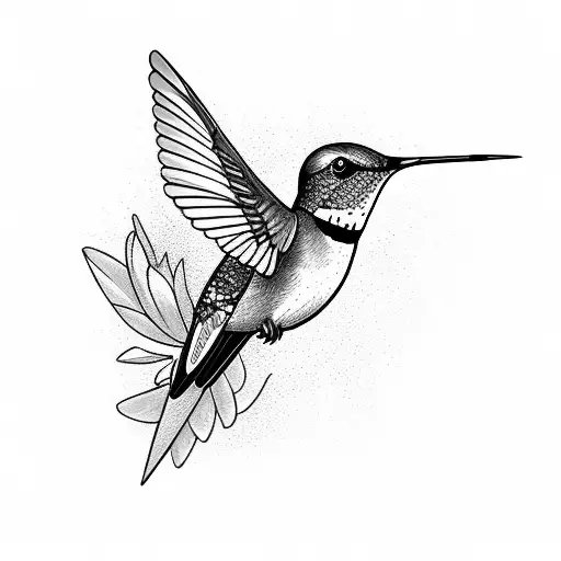 A Black And Grey Sketch Of A Hummingbird Surrounded By Flowers