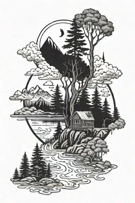 Forest And Traveller And River And Mountain And Trees And Fantasy