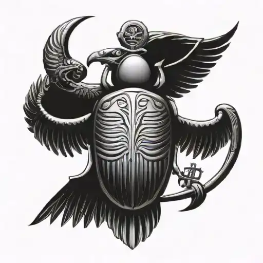 Egyptian Scarab With Dragon's Wings And Ankh Symbol Intertwined