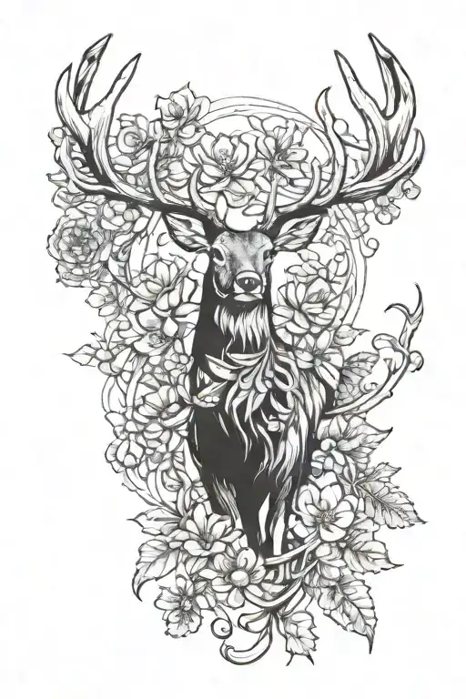 Marigold Flower On A Vine With Deer Antlers Intertwined