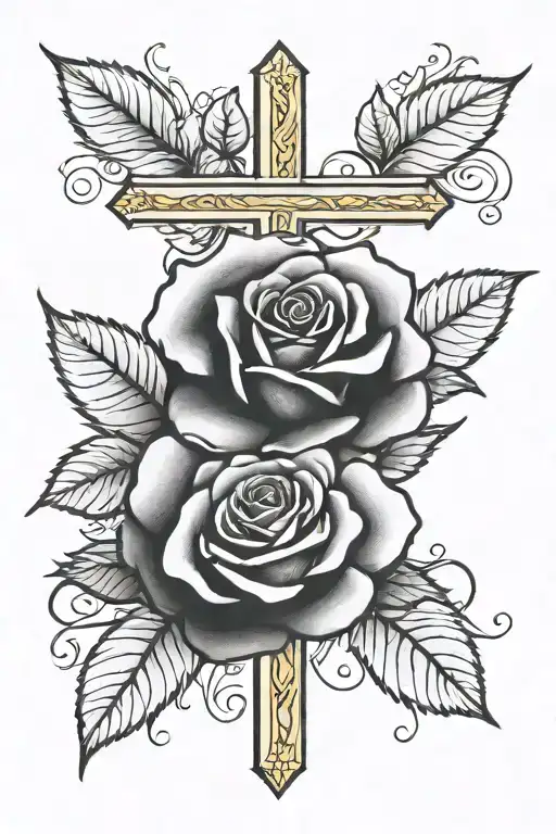 Rose With Stem And Leaves Wrapped Around A Cross