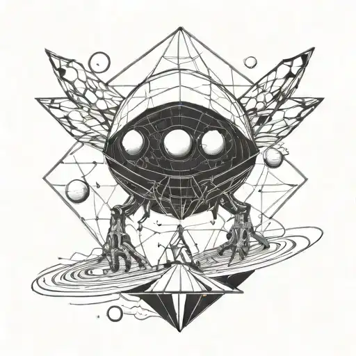 A Blackwork Design Of An Alien Exploring A Geometric Planet