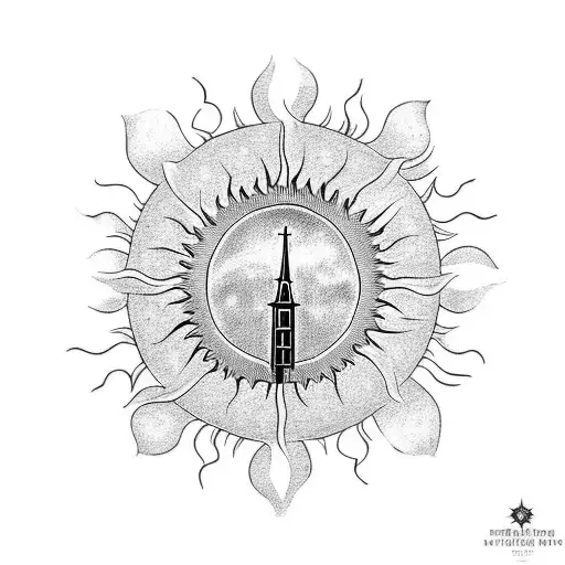 A Blackwork Tattoo Of A Sun Rising Over A Church Steeple