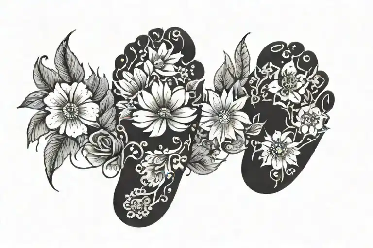 Baby Foot Print Covered By Flowers With Sun Setting