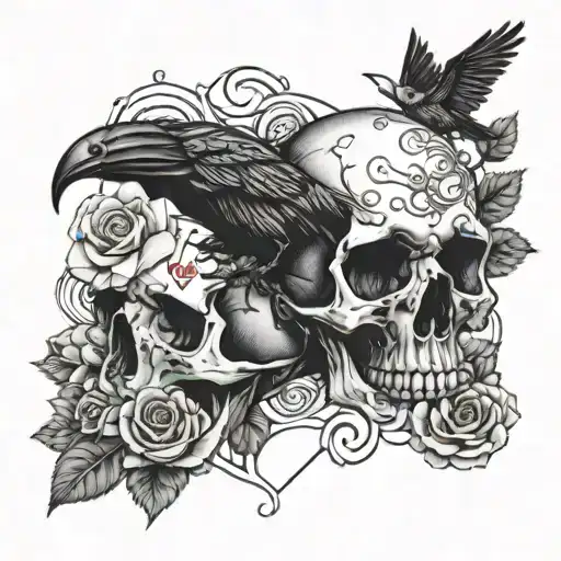 Skull And Crow And Cards And Roses