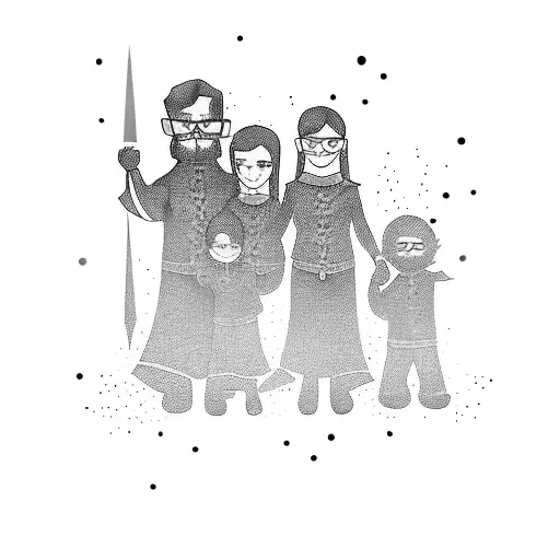 Family With Two Sons On Hand All Black Ink