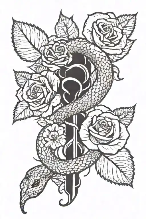 Snake Wrapped Around A Rose With Leaves And Stem Wrapped Around A Cross