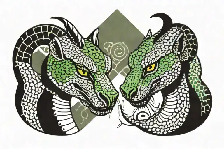 Two Black Mambas Facing Eachother One With Green Eyes And The Other With Brown