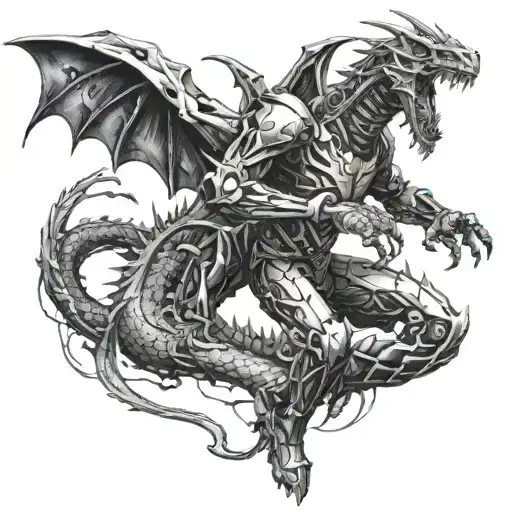 A Futuristic Cyborg Soldier Battling A Dragon In A Post-apocalyptic World