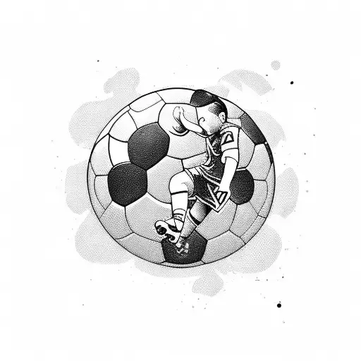 A Blackwork Tattoo Of A Soccer Player Kicking A Ball With My Son's Name Incorporated
