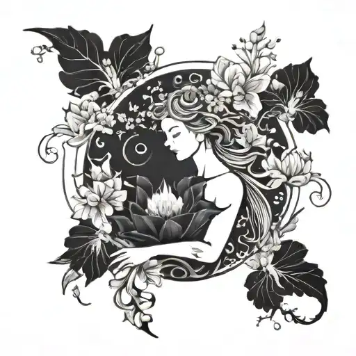 An Intricate Blackwork Tattoo Of A Powerful Ocean Goddess Surrounded By Blooming Flowers