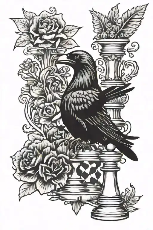Flowers With Chess Piece And Flying Raven