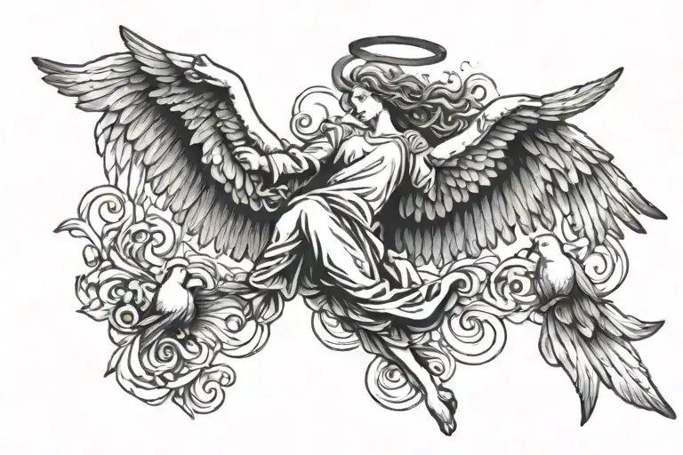 Angel And Doves Flying Towards