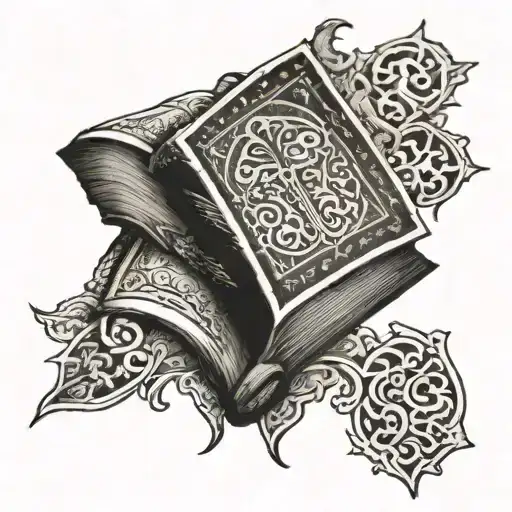 A Detailed Blackwork Tattoo Of A Bible With Intricate Patterns And Designs