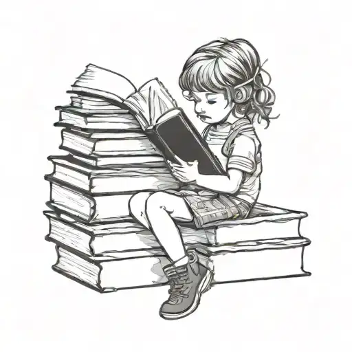 Little Girl Reading While Sitting On A Stack Of Books