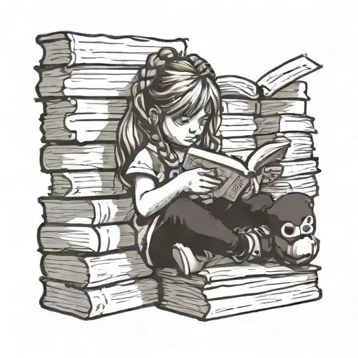 Little Girl With Pigtails Reading While Sitting On A Stack Of Books