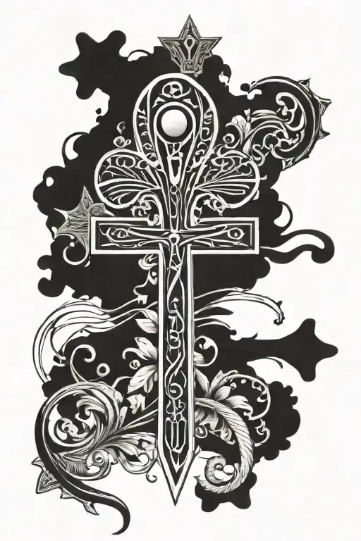 Semi-realistic Double Lined Egyptian Ankh In Blackwork