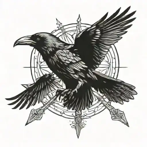 Raven Flying Holding Three Arrows