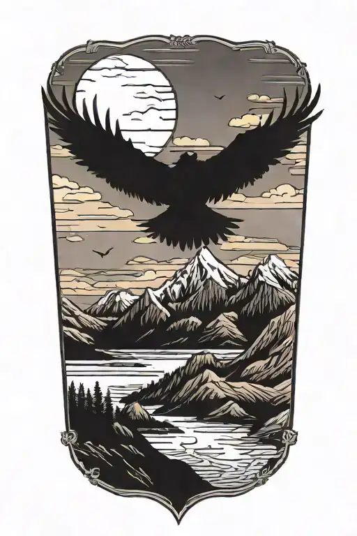 A Silhouette Of A Raven Soaring Over A Mountain Range With A Sunset In The Background