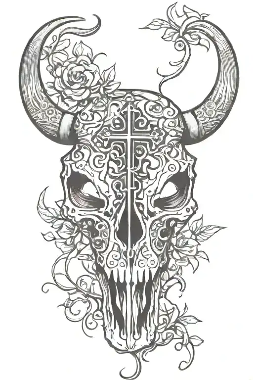 Bull Skull With Vines And A Cross Intertwined