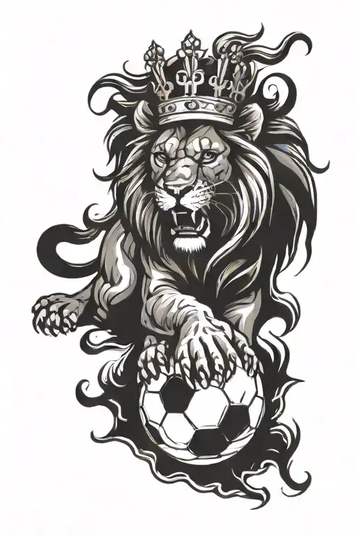 A Lion Roaring Lion Wearing A Crown And Clawing A Soccer Ball