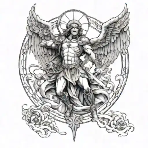 Saint Micheal The Arch Angel Defeating And Standing On Satin With Sword A Halo And Other Demons