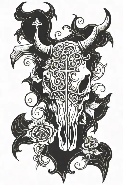 Bull Skull With Vines And A Cross