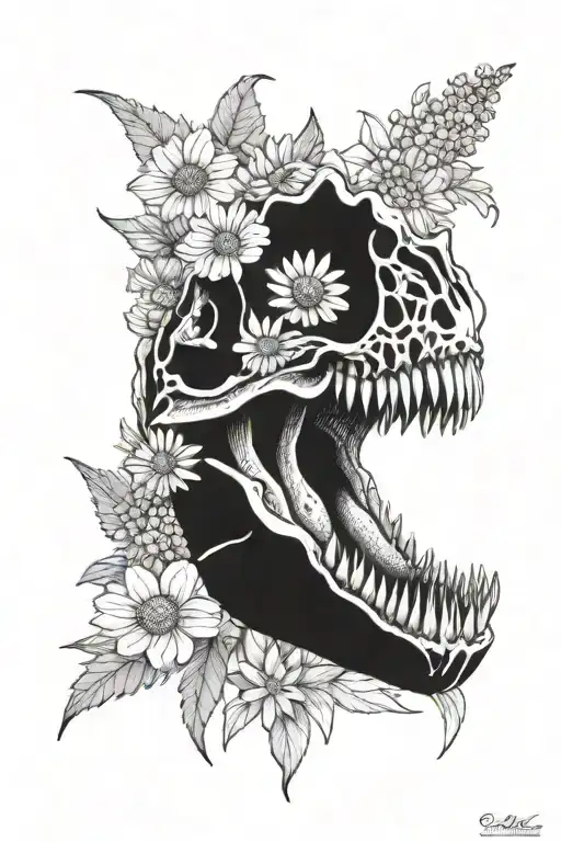 T-rex Skull In Daisy Bouquet