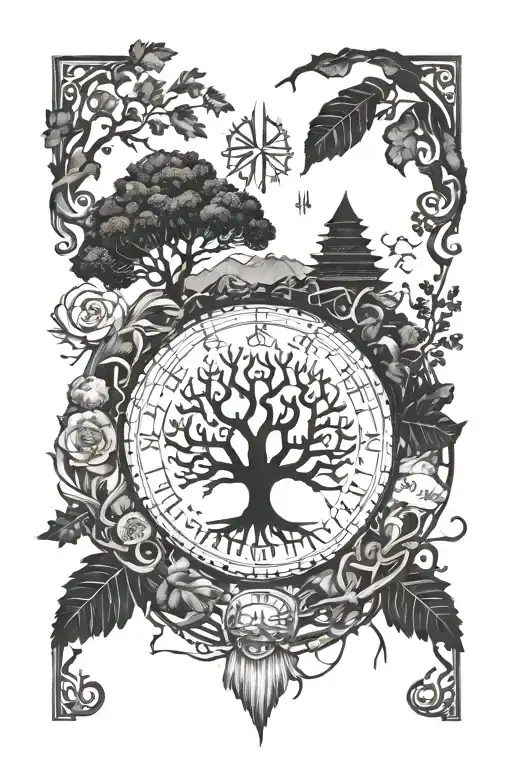 Incorporate The Vegvisir And Yggdrasil Symbol Into A Blackwork Design Inspired By Norse Mythology