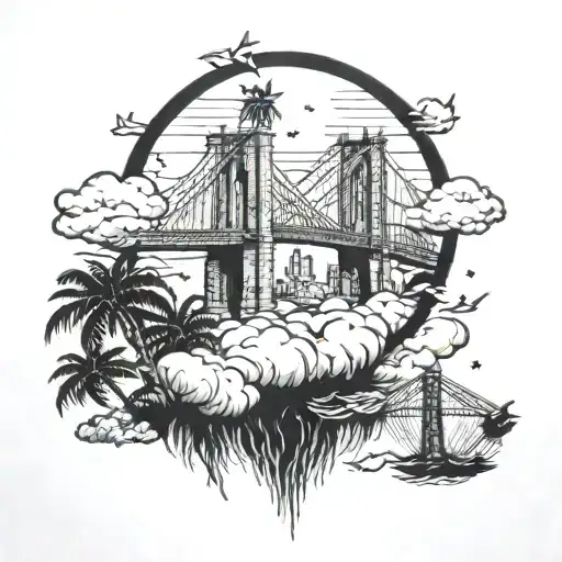 Baby Twin Angels Battlling With Palm Trees Clouds And New You City Sky Line With Brooklyn Bridge