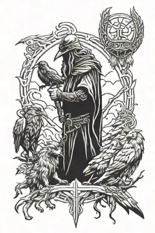 Odin With Ravens And Wolves
