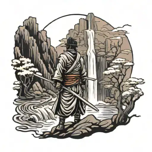 Samurai Standing In A Sunset With A Waterfall