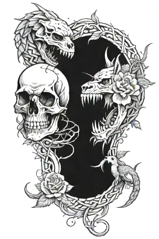 Skull And Rose With Thorns Snake And Wolf Looking Forward