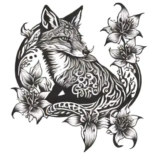 A Fox Surrounded By Tiger Lillies In A Blackwork Style