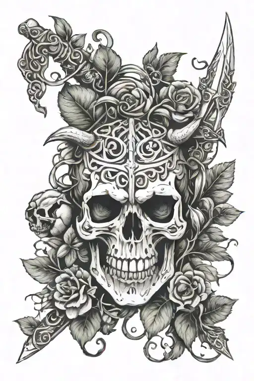 Skull Surrounded By Viking Weaponery And Vines Wrapped