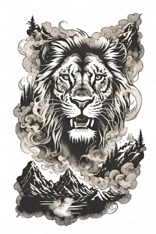 Lion Face Fading Into Smoke With Mountains Panorama
