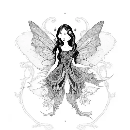 Full Body Long Haired Small Fairy Dressed In Peonies Flying