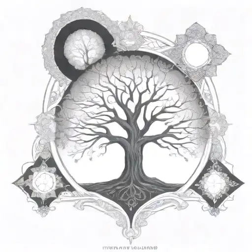A Delicate Art Nouveau Inspired Tree Design Intertwined With Intricate Geometric Patterns