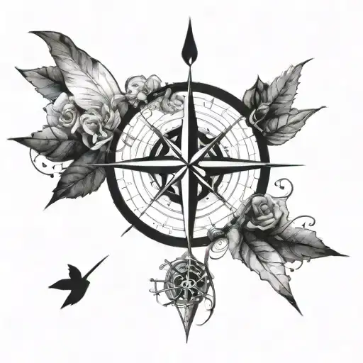 A Blackwork Tattoo Of A Compass Rose With Musical Notes And Camping Symbols Intertwined