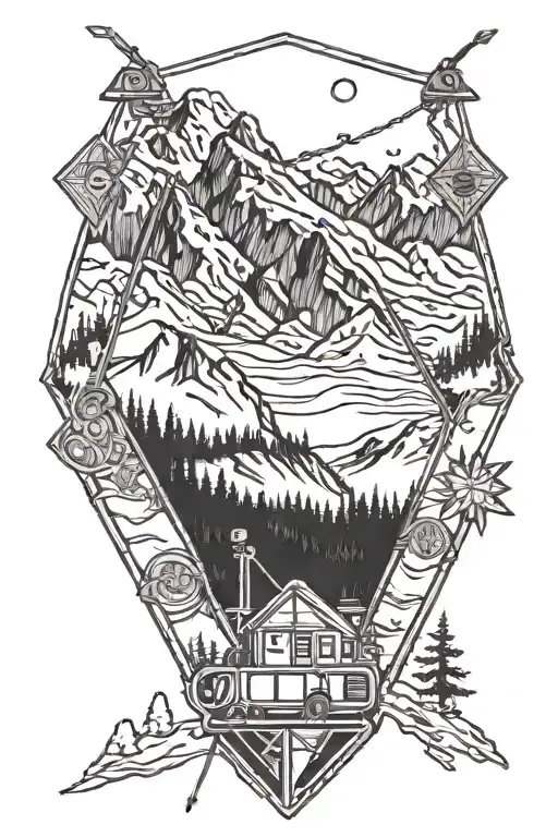 Diamond Tattoo With Mountains And Ski Lift