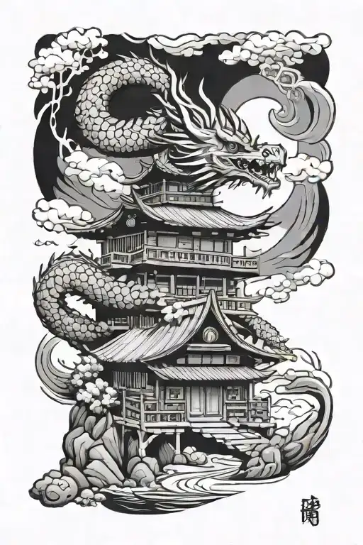 A Dragon Flying Behind A Japanese House With A River Under A Bridge