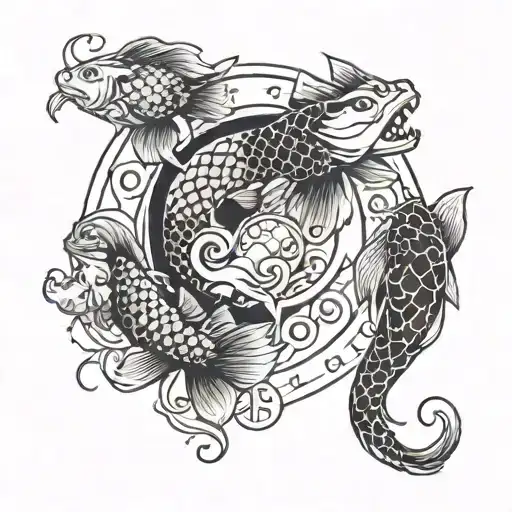 A Gaming-themed Sleeve Tattoo Featuring Zodiac Symbols And Koi Fish