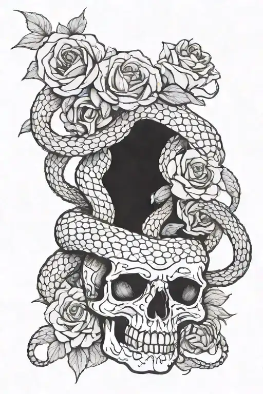 A Snake That Goes Through A Simple Skull And Is Surrounded By Roses