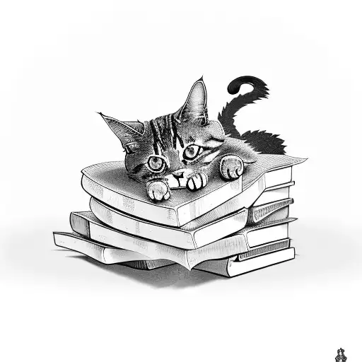 A Stack Of Books With A Cat Curled Up On Top