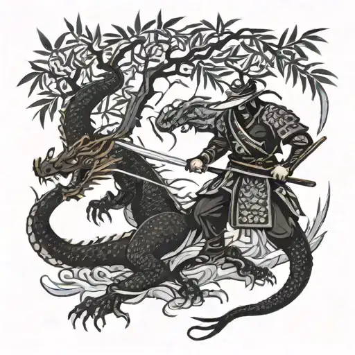 A Samurai Battling A Dragon In A Bamboo Forest