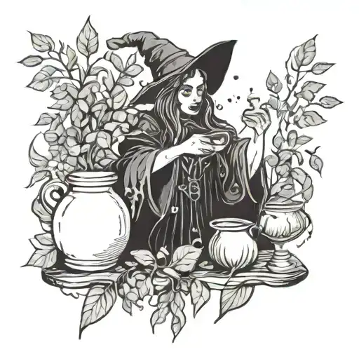 A Spooky Witch Brewing Magic Potions With Eucalyptus Leaves In The Background